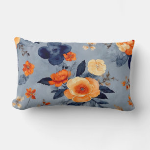 Blue and Burnt Orange Farmhouse floral Lumbar Pillow