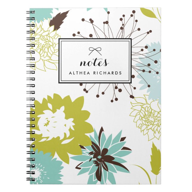 Blue and Chartreuse Floral Pattern Personalized Notebook (Front)