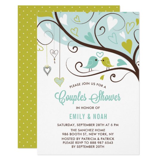 Blue and Chartreuse Love Birds Couples Shower Card