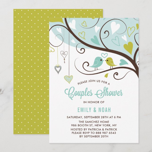 Blue and Chartreuse Love Birds Couples Shower Invitation (Front/Back)