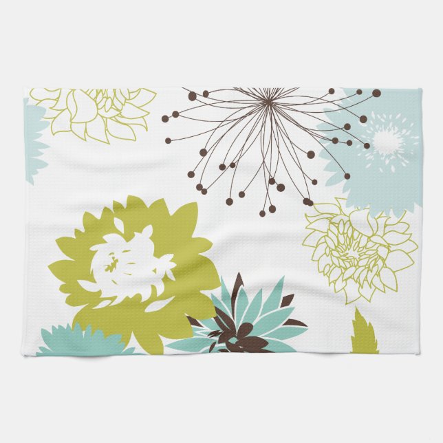 Blue and Chartreuse Modern Floral Pattern Kitchen Towel (Horizontal)