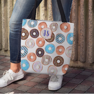 Blue and Chocolate Brown Doughnut Custom Monogram Tote Bag
