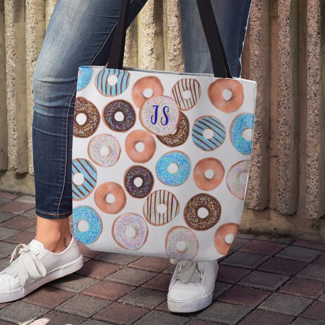 Blue and Chocolate Brown Doughnut Custom Monogram Tote Bag (Creator Uploaded)