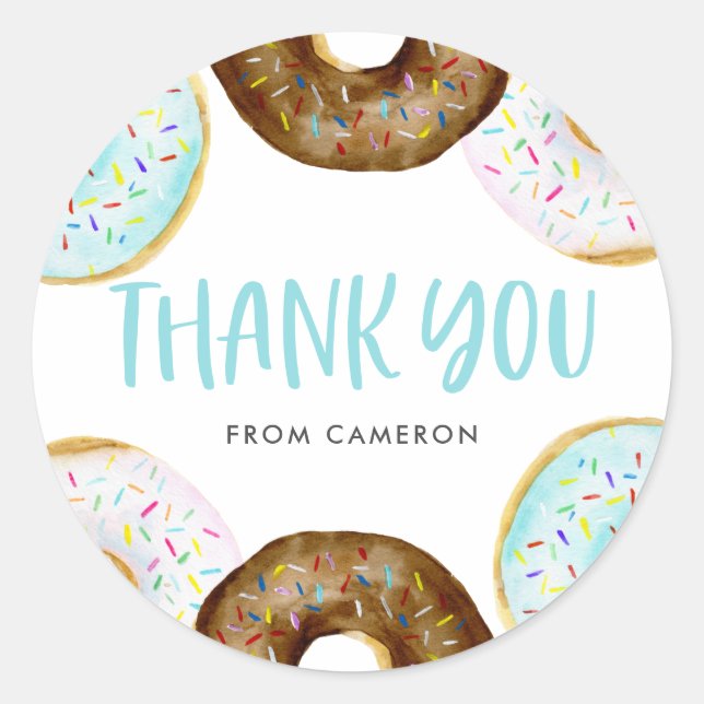 Blue and Chocolate Donuts Baby Shower Thank You Classic Round Sticker (Front)