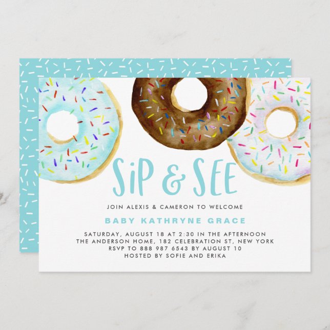 Blue and Chocolate Doughnuts Sprinkles Sip and See Invitation (Front/Back)