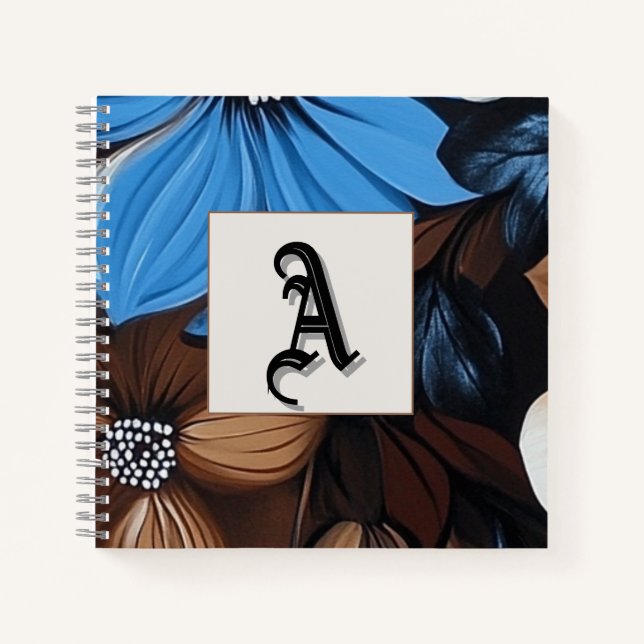 Blue and Chocolate Floral - Personalized Monogram Notebook (Front)