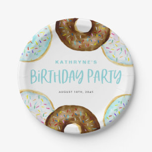 Blue and Chocolate Sprinkle Donuts Birthday Party Paper Plate