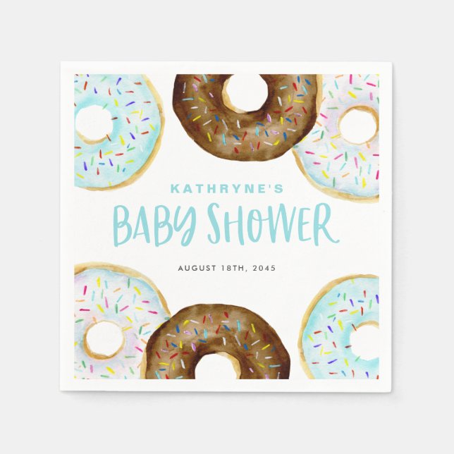 Blue and Chocolate Sprinkle Doughnuts Baby Shower Napkin (Front)