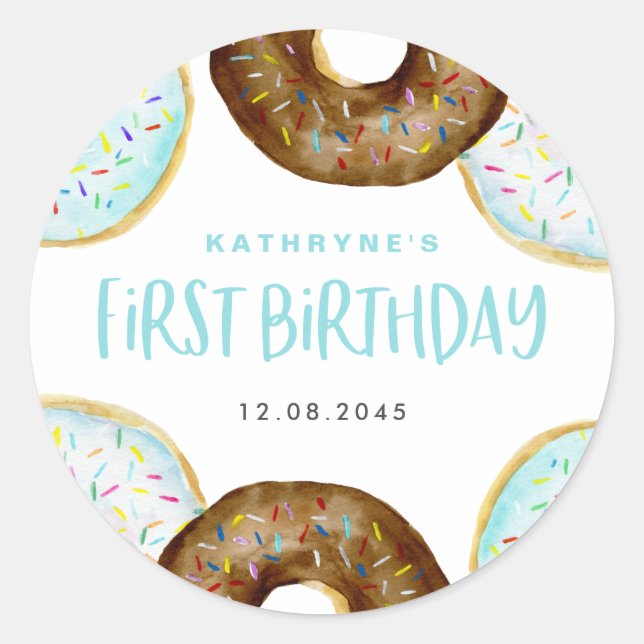 Blue and Chocolate Sprinkle Doughnuts First Birthd Classic Round Sticker (Front)