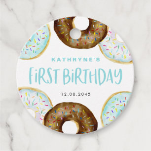 Blue and Chocolate Sprinkle Doughnuts First Birthd Favour Tags