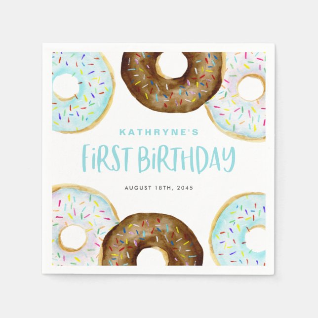 Blue and Chocolate Sprinkle Doughnuts First Birthd Napkin (Front)