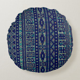 Blue And Colourful Tribal Geometric Pattern Round Pillow