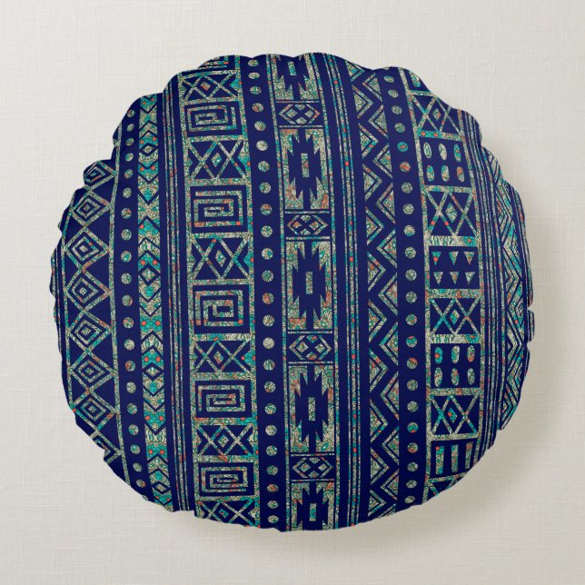 Blue And Colourful Tribal Geometric Pattern Round Pillow (Front)