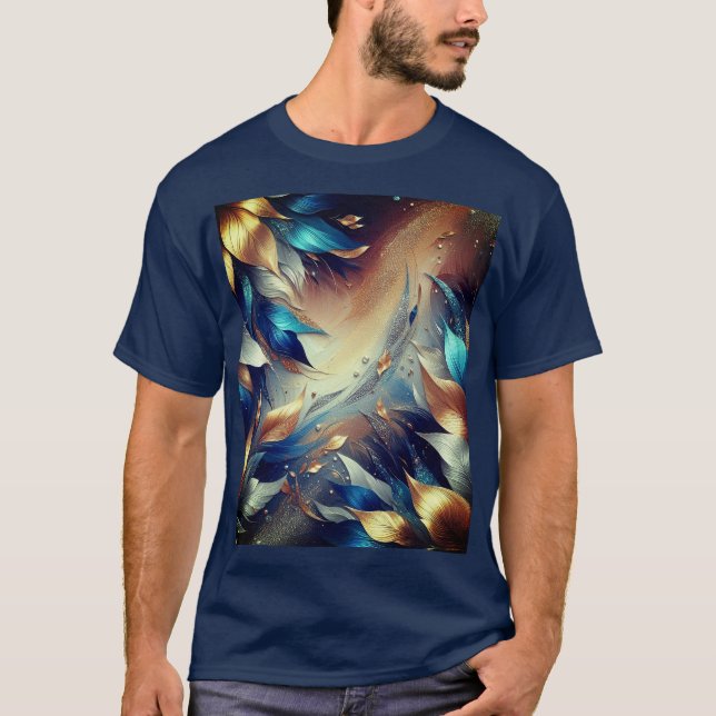 Blue and Copper Leaves Abstract T-Shirt (Front)
