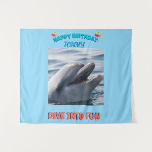 Blue and Coral Dolphin Birthday Splash Tapestry