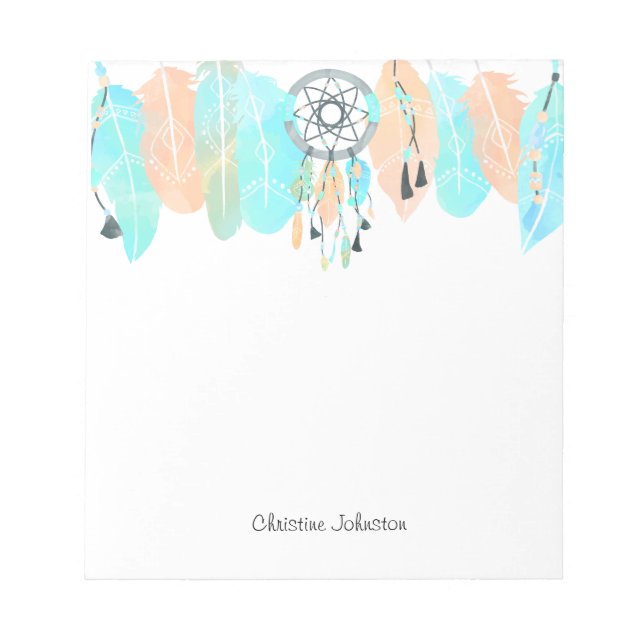 Blue and Coral Feather Dream Catcher Notepad (Front)