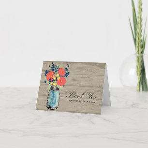 Blue and Coral Garden Mason Jar Wood   Wedding Thank You Card