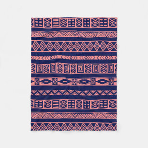 Blue And Coral-RedTribal Geometric Pattern Fleece Blanket