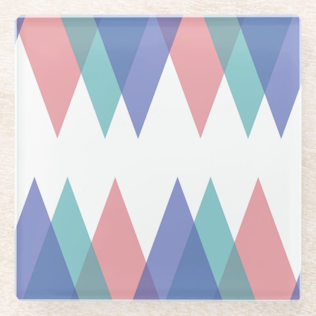 Blue and coral triangles glass coaster (Front)