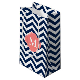 Blue and Coral Zigzag Pattern Monogram Small Gift Bag