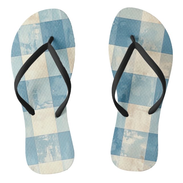 Blue and cream checkered pattern flip flops (Footbed)