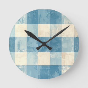 Blue and cream checkered pattern round clock