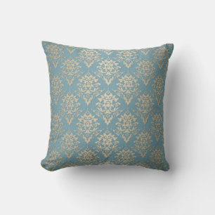 Blue and Cream Elegant Damask Pattern Throw Pillow