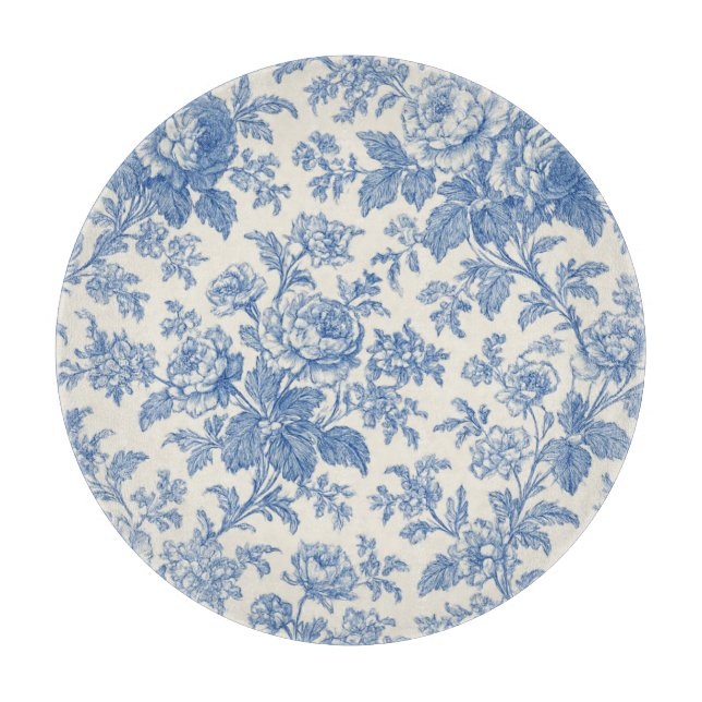 Blue and Cream Floral Toile de Jouy Cutting Board (Front)