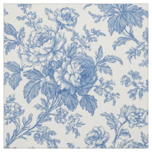 Blue and Cream Floral Toile de Jouy Fabric
