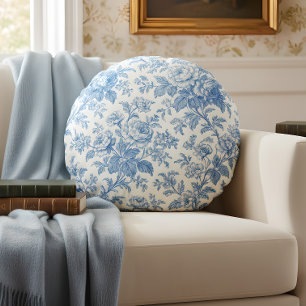 Blue and Cream Floral Toile de Jouy Round Pillow
