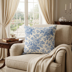 Blue and Cream Floral Toile de Jouy Throw Pillow