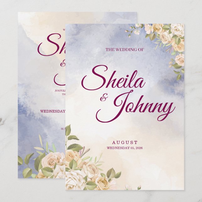 Blue and Cream Flower Watercolor Elegance Wedding Invitation (Front/Back)