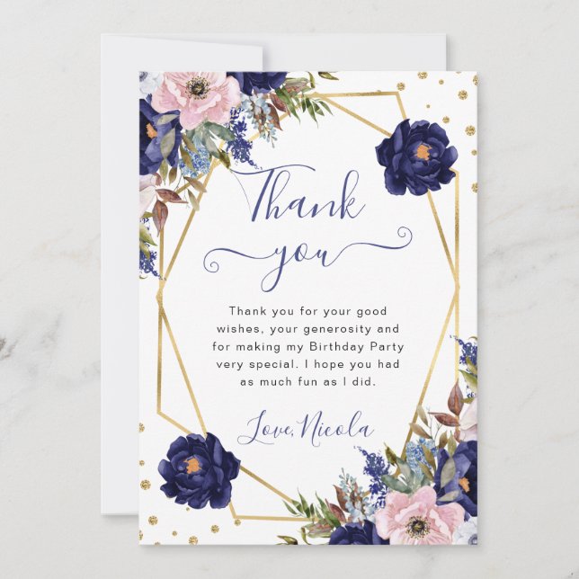 Blue and Cream Flowers Frame Birthday Thank You Card (Front)