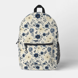Blue And Cream Folk Art Floral Meadow Printed Backpack
