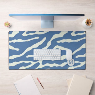 Blue and cream Modern Abstract Wavy Lines Pattern  Desk Mat