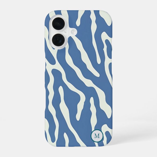 Blue and cream Modern Abstract Wavy Lines Pattern  iPhone 16 Case (Back)