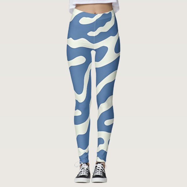 Blue and cream Modern Abstract Wavy Lines Pattern  Leggings (Front)