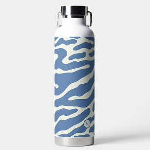 Blue and cream Modern Abstract Wavy Lines Pattern  Water Bottle