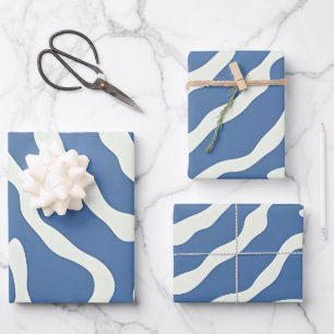 Blue and cream Modern Abstract Wavy Lines Pattern  Wrapping Paper Sheet