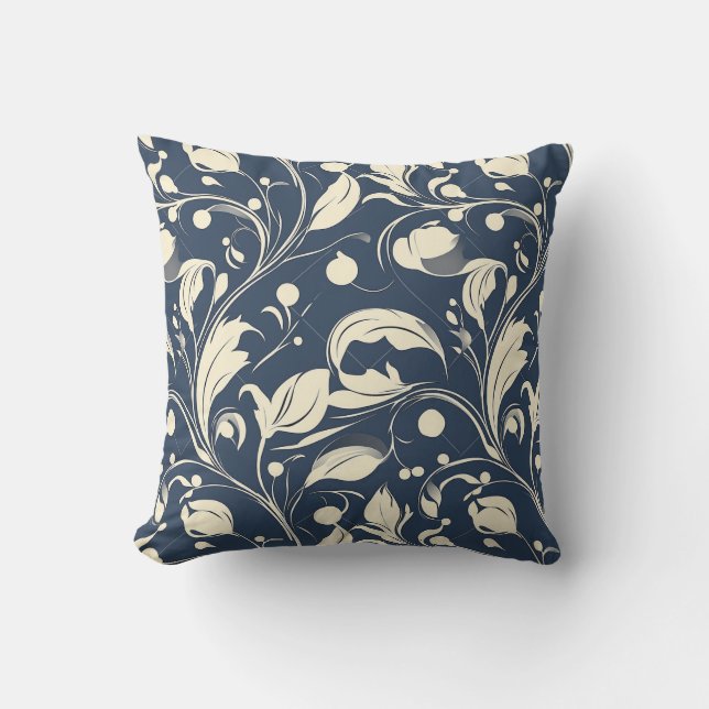 Blue and Cream Rococo Inspired Design Throw Pillow (Front)