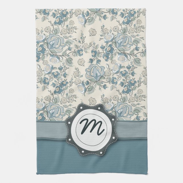 Blue and Cream Roses with Monogram Kitchen Towel (Vertical)
