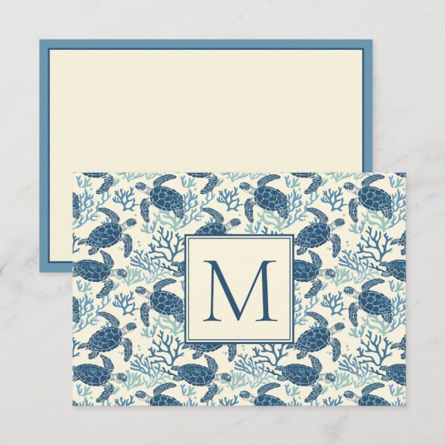 Blue and Cream Sea Turtle Monogram Card (Front/Back)