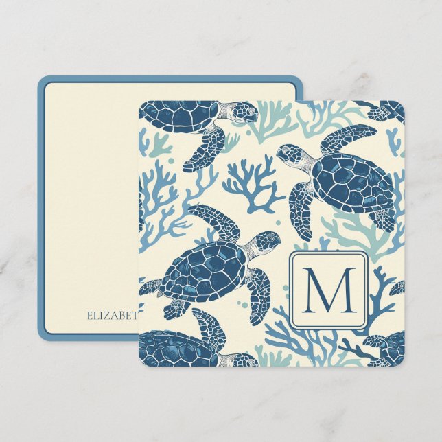 Blue and Cream Sea Turtles Monogram (Front/Back)