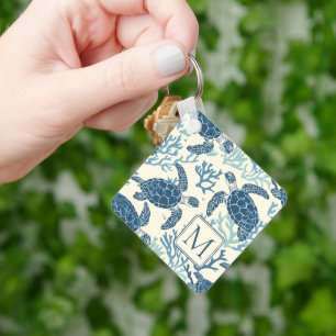 Blue and Cream Sea Turtles Monogram Keychain
