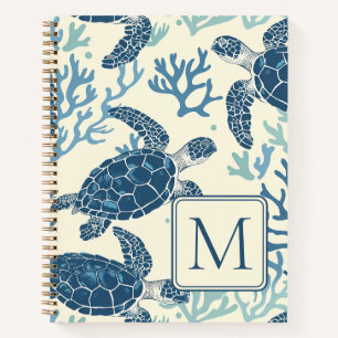 Blue and Cream Sea Turtles Monogram Notebook