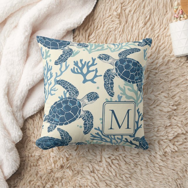 Blue and Cream Sea Turtles Monogram Throw Pillow (Blanket)