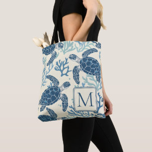 Blue and Cream Sea Turtles Monogram Tote Bag