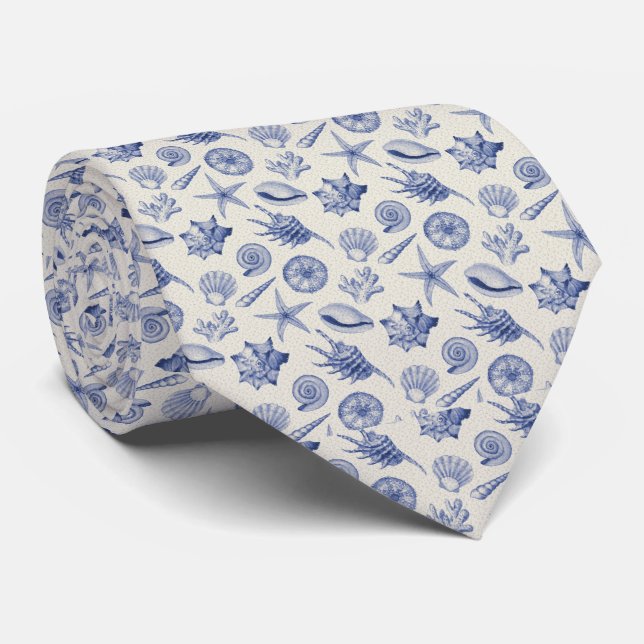 Blue and Cream Seamless Seashells Pattern Tie (Rolled)