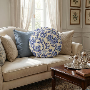 Blue and Cream Tulips Toile French Country Decor Round Pillow