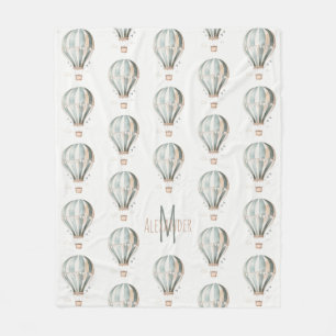 Blue and Cream Vintage Hot Air Balloon Monogram Fleece Blanket